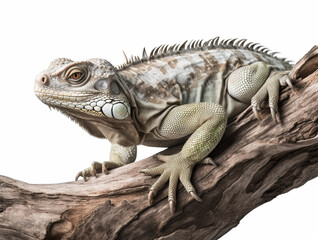 Fototapeta premium Detailed studio portrait of iguana on a tree branch, isolated on white background, generative ai