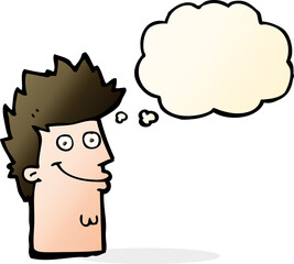 cartoon happy man face with thought bubble