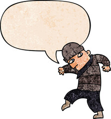 cartoon sneaking thief and speech bubble in retro texture style