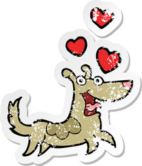 distressed sticker of a cartoon dog with love hearts