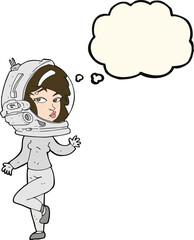 cartoon woman wearing space helmet with thought bubble
