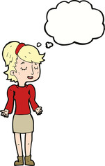cartoon woman shrugging shoulders with thought bubble
