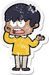 distressed sticker of a worried cartoon boy