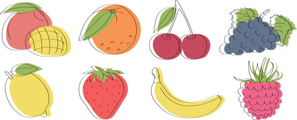 Vitamin C fruits and berries set - flat cartoon vector illustration. Doodle template for children's educational books and magazines and packaging for juices and diet food.