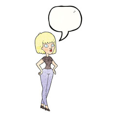 speech bubble textured cartoon woman with hands on hips