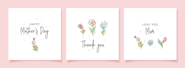 Fototapeta na wymiar Happy Mother's Day. Set of greeting cards with colorful cute flowers on white background. Line art. Continuous line minimalist style illustration.
