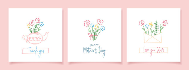 Fototapeta na wymiar Happy Mother's Day. Set of greeting cards with colorful cute flowers on white background. Line art. Stylized lineart flat vector illustration.