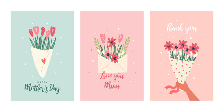 Happy Mother's  Day. Collection of beautiful greeting cards with a bouquet of flowers and envelope with flowers. Festive vector illustration for the celebration of Mother's  Day.