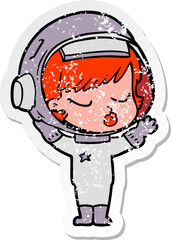 distressed sticker of a cartoon pretty astronaut girl