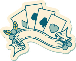 tattoo style sticker of cards and banner