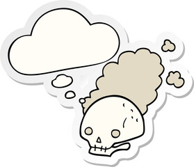 cartoon dusty old skull and thought bubble as a printed sticker