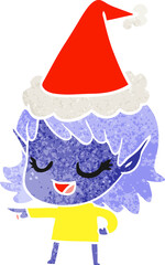happy retro cartoon of a elf girl pointing wearing santa hat