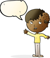 cartoon boy with growth on head with speech bubble