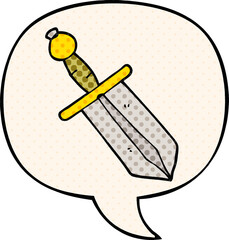 cartoon dagger and speech bubble in comic book style