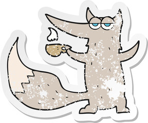 retro distressed sticker of a cartoon wolf with coffee cup