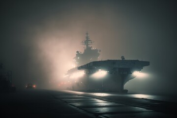 A massive aircraft carrier looms out of the misty darkness, its lights casting an eerie glow on the surrounding water. Generative AI