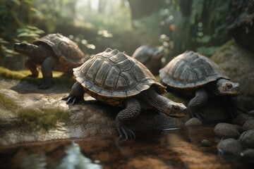 A detailed illustration of a group of reptiles, such as turtles or crocodiles, in their natural environment, Generative AI