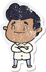 distressed sticker of a happy cartoon man