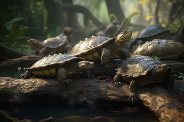 A detailed illustration of a group of reptiles, such as turtles or crocodiles, in their natural environment, Generative AI