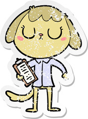 distressed sticker of a cute cartoon dog wearing office shirt