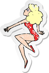 retro distressed sticker of a cartoon dancing woman