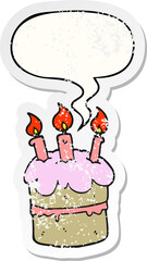 cartoon birthday cake and speech bubble distressed sticker