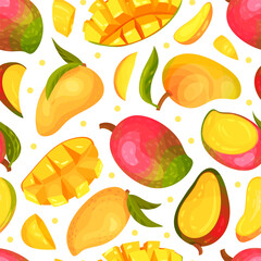 Ripe Mango Seamless Pattern Design with Bright Tropical Fruit Vector Template
