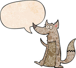 cartoon wolf and speech bubble in retro texture style