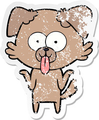 distressed sticker of a cartoon dog with tongue sticking out
