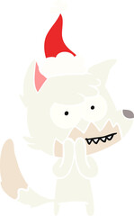 flat color illustration of a grinning fox wearing santa hat