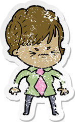 distressed sticker of a cartoon frustrated woman