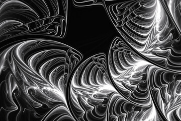 White pattern of crooked waves on a black background. Abstract fractal 3D rendering