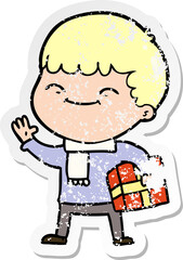 distressed sticker of a cartoon happy boy