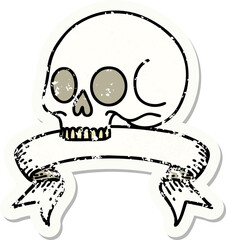 grunge sticker with banner of a skull
