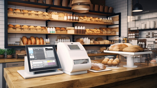 a modern cash register in a bakery. Generative AI