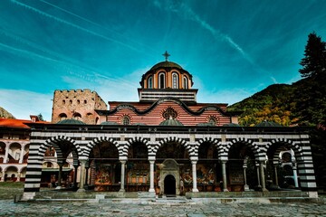 Low-angle of Rila monastery on a sunny day with clear
sky background, Bulgaria