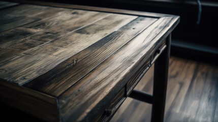 a rustic brown wooden table in a dark room. Generative AI