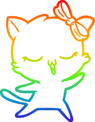 rainbow gradient line drawing cartoon dancing cat with bow on head