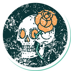 distressed sticker tattoo style icon of a skull and rose