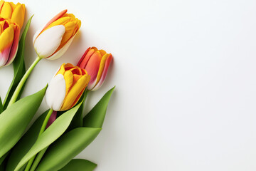 Spring tulip flowers on white background. Frame for Mothers day, International Womens Day, 8 March, Valentines Day, birthday, wedding background. Colorful flower invitation. AI generative