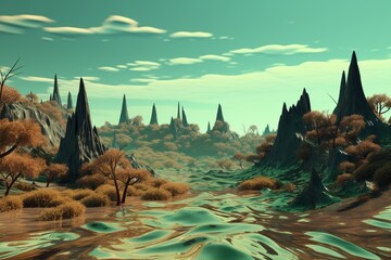 A surreal illustration of a distorted or manipulated natural landscape, such as a forest or ocean, Generative AI