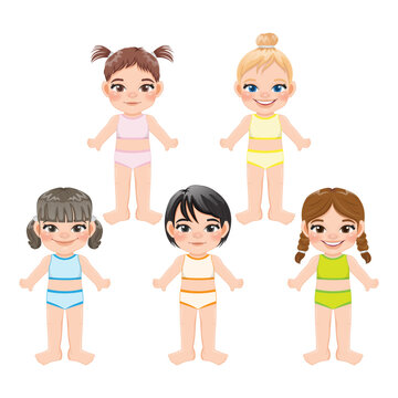 Set of diverse girls body front side template. Girls in women s tank top and panties isolated on white background vector