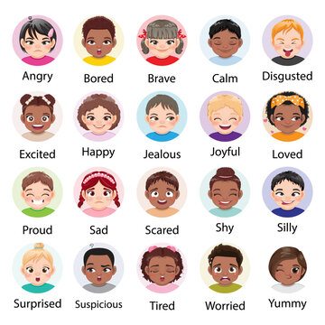 Set of different facial expressions diverse kids character. Collection of children feelings. Cute child emoji with various emotions. Diverse children portrait vector