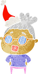 retro cartoon of a librarian woman wearing spectacles wearing santa hat