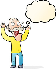 cartoon old man getting a fright with thought bubble