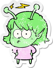 distressed sticker of a cartoon alien girl