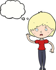 cartoon waving woman with thought bubble