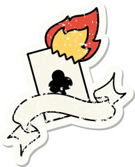 grunge sticker with banner of a flaming card