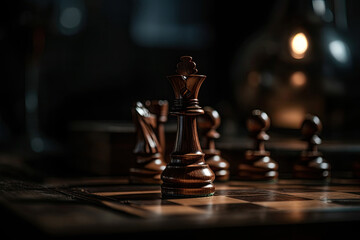 Chess pieces on chessboard, dark background. Strategy and tactics for winning. Created with Generative AI