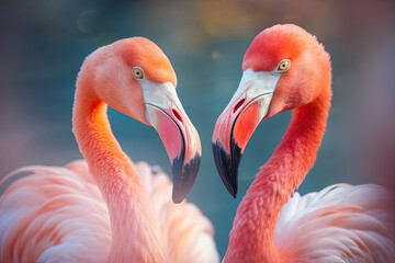 Flamingo portrait on pastel colored background. Exotic bird. Creativity banner. Created with Generative AI